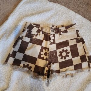 PacSun Brown and Cream Floral Checkered Jean Shorts
